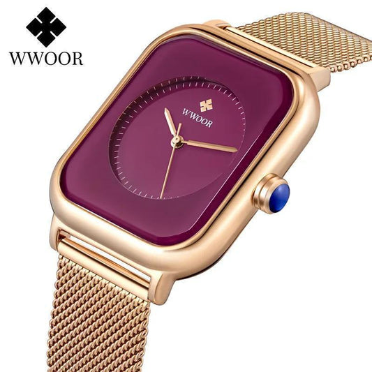 WWOOR 8873 Stainless Steel Mesh Band Ladies Watch: Purple and Pink