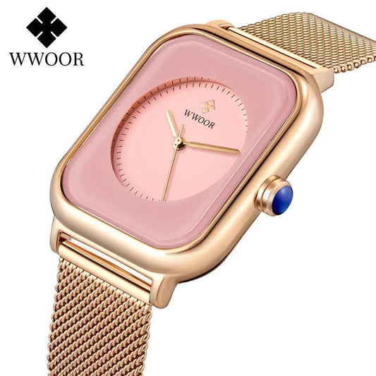 WWOOR 8873 Stainless Steel Mesh Band Ladies Watch: Pink and Purple