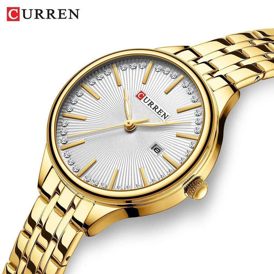 CURREN 9099 Stainless Steel Ladies Watch: Gold Black/White