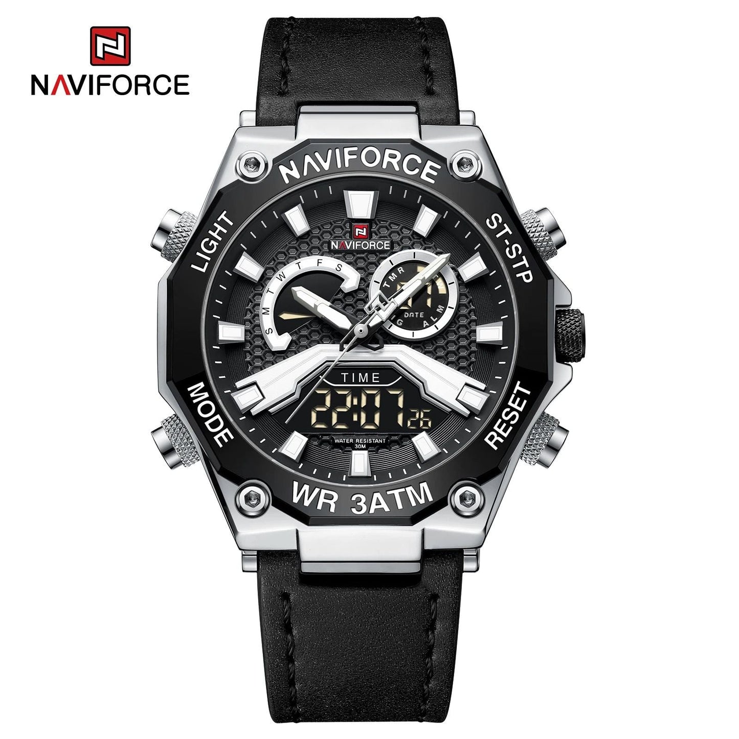 NAVIFORCE NF9220 Leather Strap Men's Watch: Silver/Black