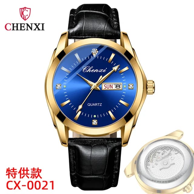 CHENXI CX-0021 Leather Strap Men's Watch: Blue and Black