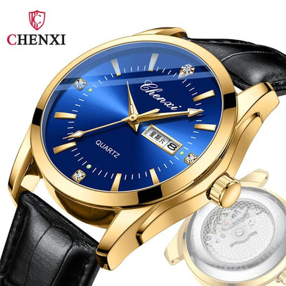 CHENXI CX-0021 Leather Strap Men's Watch: Blue and Black