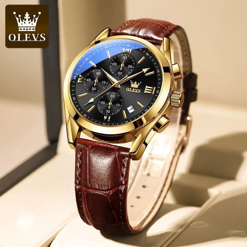 OLEVS 2872 Men's Watch with Leather Strap: Brown Black