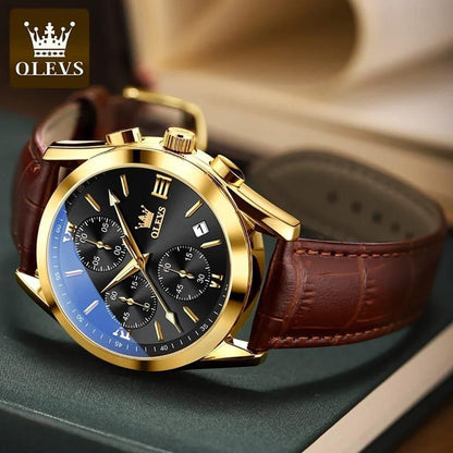 OLEVS 2872 Men's Watch with Leather Strap: Brown Black